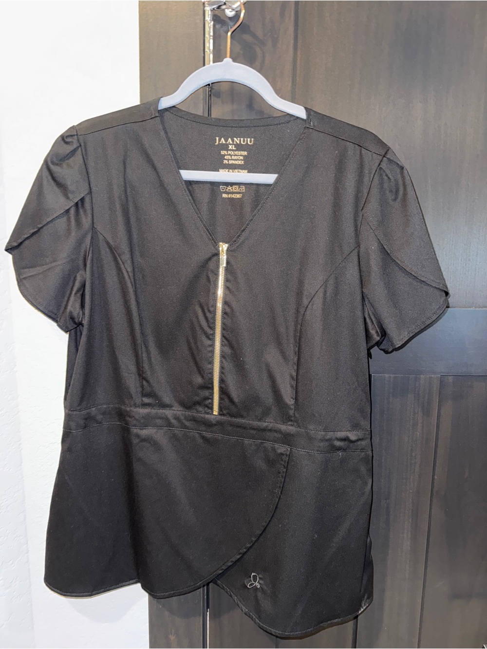 Jaanuu Women’s Black Zip-Front Scrub Tulip Top